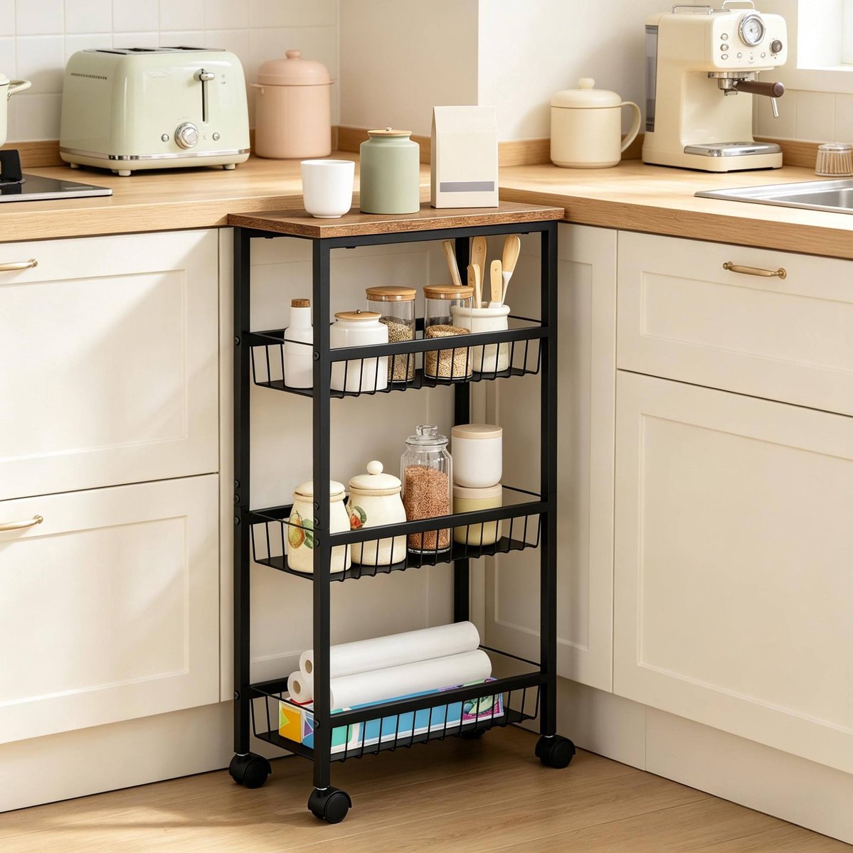 MIVRAY Keukentrolley – 40 x 87 x 20 cm – Met Wielen En 4 Lagen – MDF En Metaal – Zwart Met Vintage Houtlook – Voor Keuken En Woonruimte
