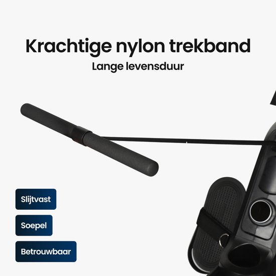 Detailopname van de zwarte, stevige nylon trekband van een roeitrainer.
