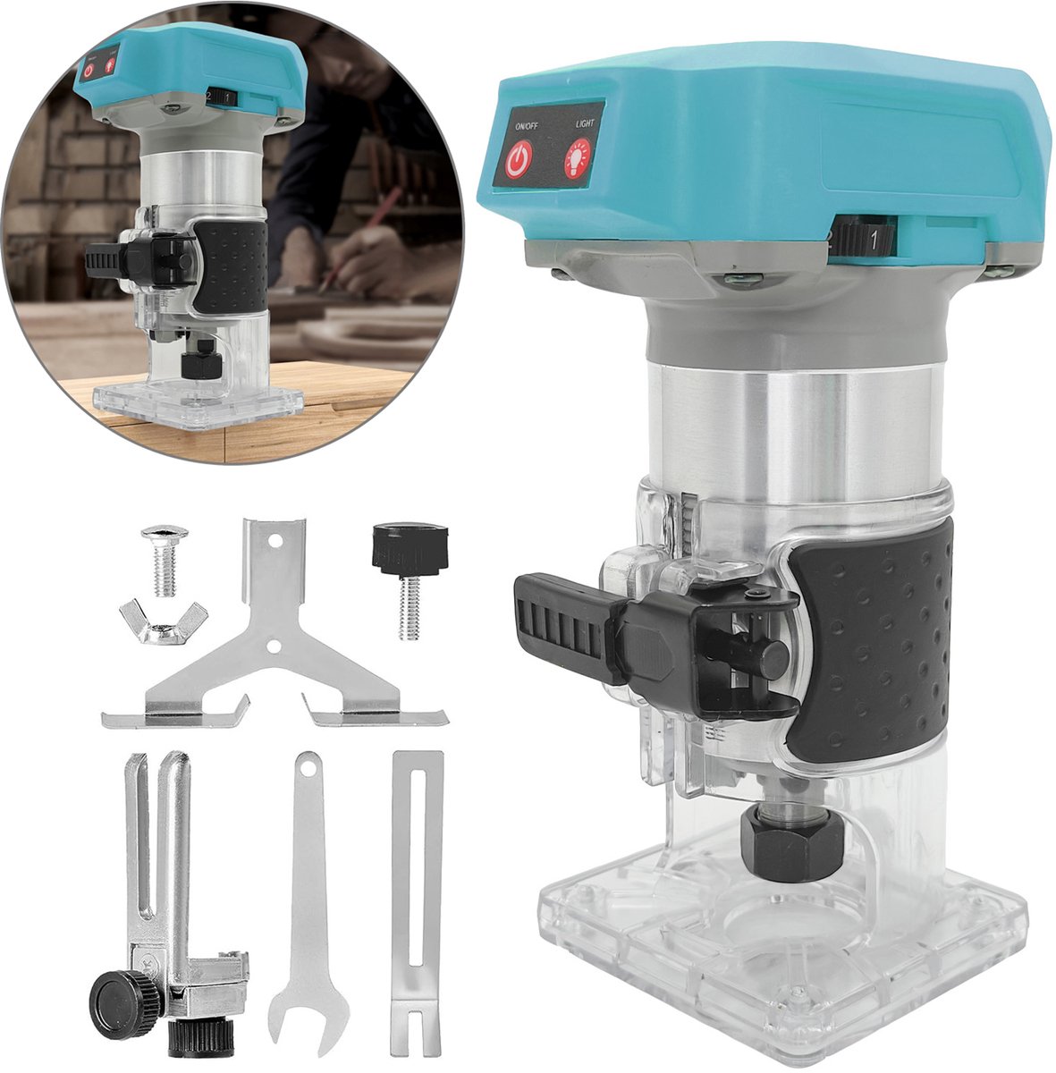 Draadloze 18‑V kantenfrees voor houtbewerking (ZONDER accu en oplader), inclusief rechte geleideplaat en complete accessoires‑set voor timmer‑ en doe‑het‑zelf‑klussen
