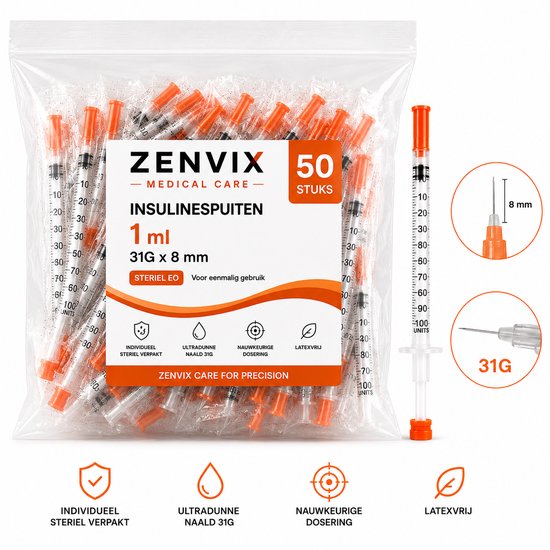 Zak met 50 ZenVix insulinespuiten, 1 ml, 31G x 8 mm, individueel steriel verpakt.