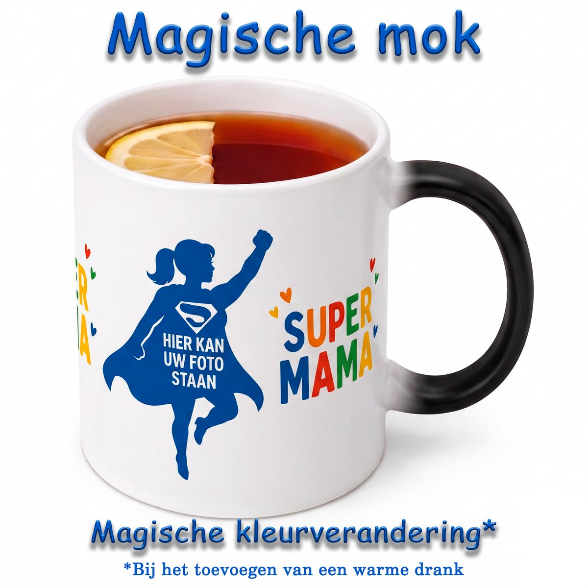 Gepersonaliseerde Magische Mok Super Mama – Kleurveranderende Mok met Eigen Foto – Warmtegevoelige Fotomok – Cadeau voor Mama – Moederdag Cadeau – Koffiemok Mama – Theemok Moeder – Zwarte Mok wordt Wit bij Warme Drank