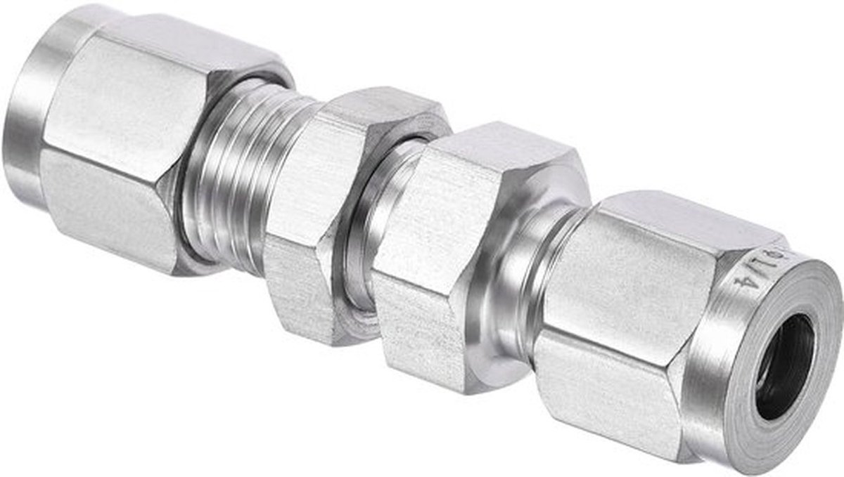 Compressiebuizen, koppelingsadapter voor schotkoppeling, 304 roestvrij staal, geweldig voor buizen (zilverkleur, 1/4-inch buizen OD x 1/4-inch buizen OD)