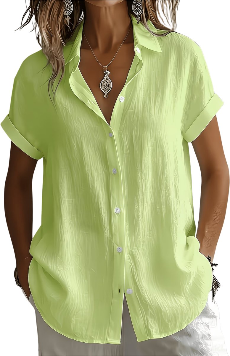 Currero Linnen Blouse Dames T-Shirt Polo Overhemd Shirt Zomer Ibiza Stijl Groen