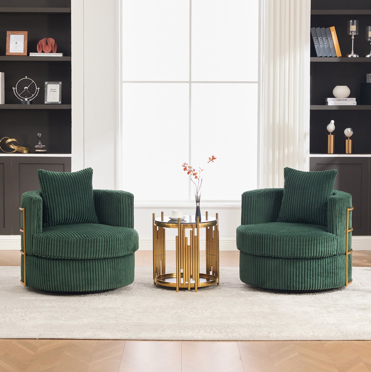 OKWISH Fauteuil – 2-Delige Draaibare Relaxstoel Met Opbergruimte Onder Zitting – Voor Woonkamer Of Slaapkamer – Cord – Smaragdgroen