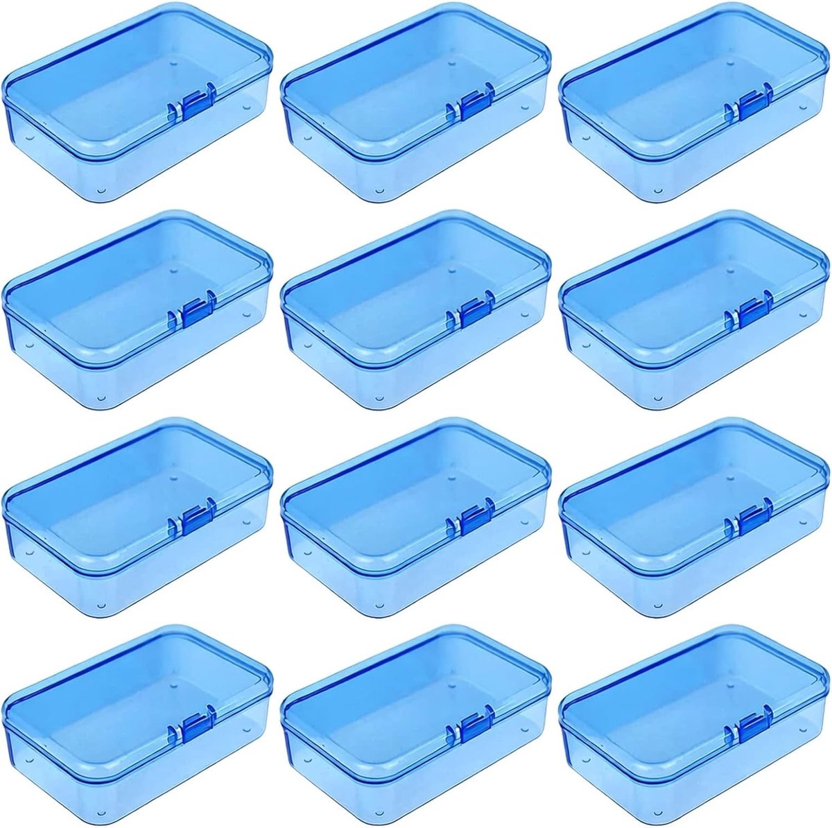12 Stuks Mini Rechthoekige Plastic Opbergdozen met Scharniere deksels voor Kleine Voorwerpen en Knutselprojecten - Ideaal voor Organisatie en Opslag (85x55x25mm, Blauw)