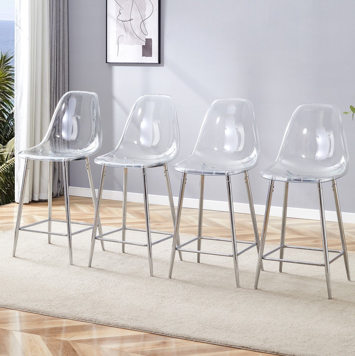 OKWISH Barkruk Set Van 4 - Transparante Barkruk Met Rugleuning En Metalen Onderstel - Voor Keuken, Bar En Eetkamer - Kunststof - Zilver