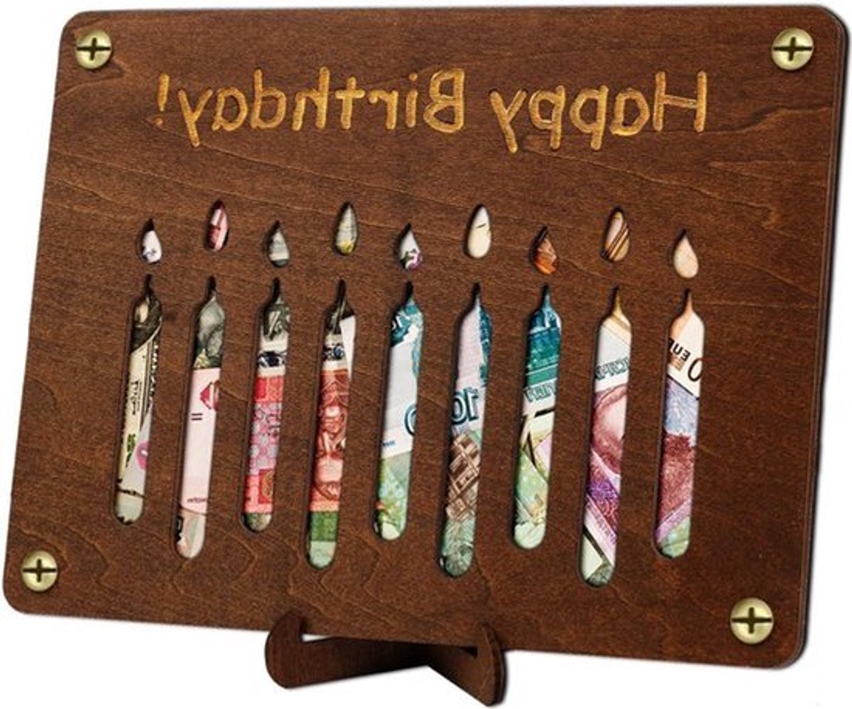 Houten Geldcadeau met Standaard - Creatieve Verjaardagsgeldcadeaus en Wenskaarten - Muizen Thema .