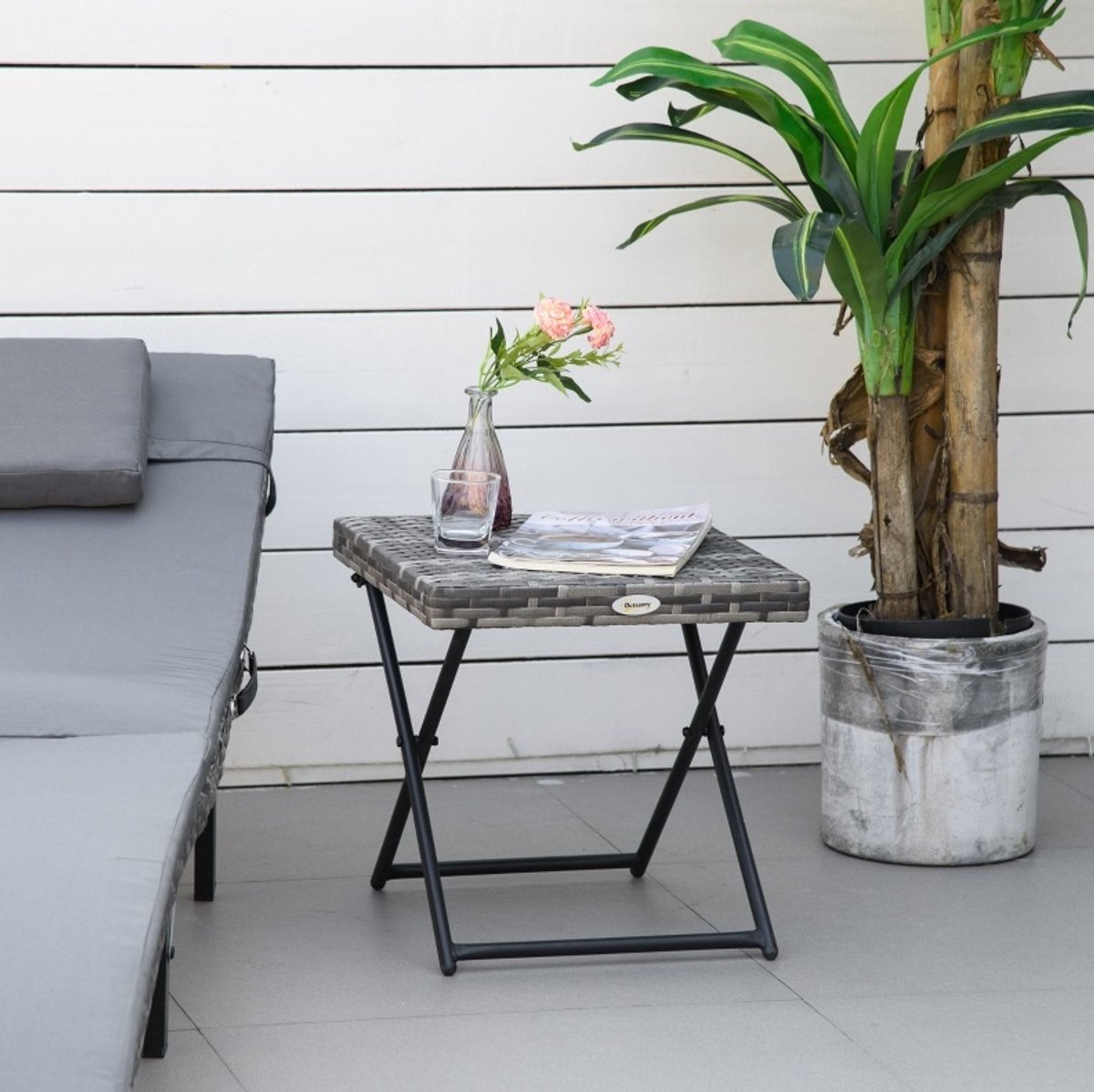 FloraGrace Tuintafel - Opklapbare Bijzettafel In Polyrattan Look - Voor Balkon En Terras - Metalen Onderstel - 40x40x40 Cm - Grijs