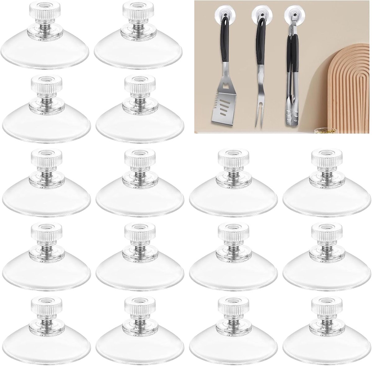 Set van 16 zuignappen met schroefdraad en kartelmoer - M5 diameter 34 mm - Transparante zuignappen - Geen boren nodig - PVC zuignappen - Extra sterke zuignappen - Voor auto, badkamer, raam, keuken, decoratie