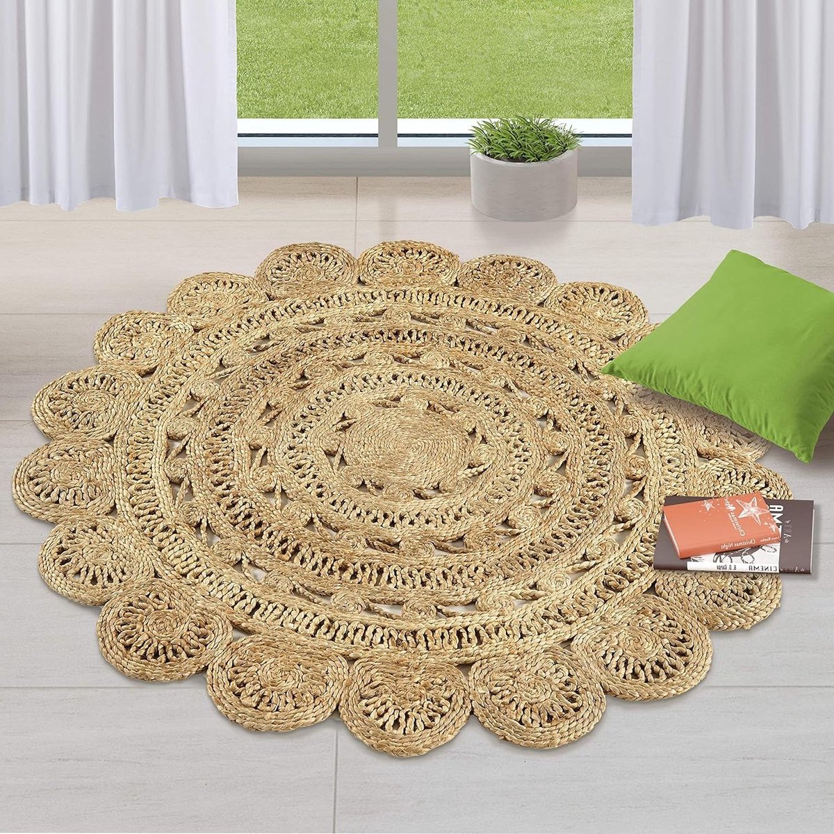 Jute Vloerkleed - Ronde Mat - Woonkamer Decoratie - Handgemaakt Natuurlijk Materiaal - 122 cm Diameter - Natuurlijk