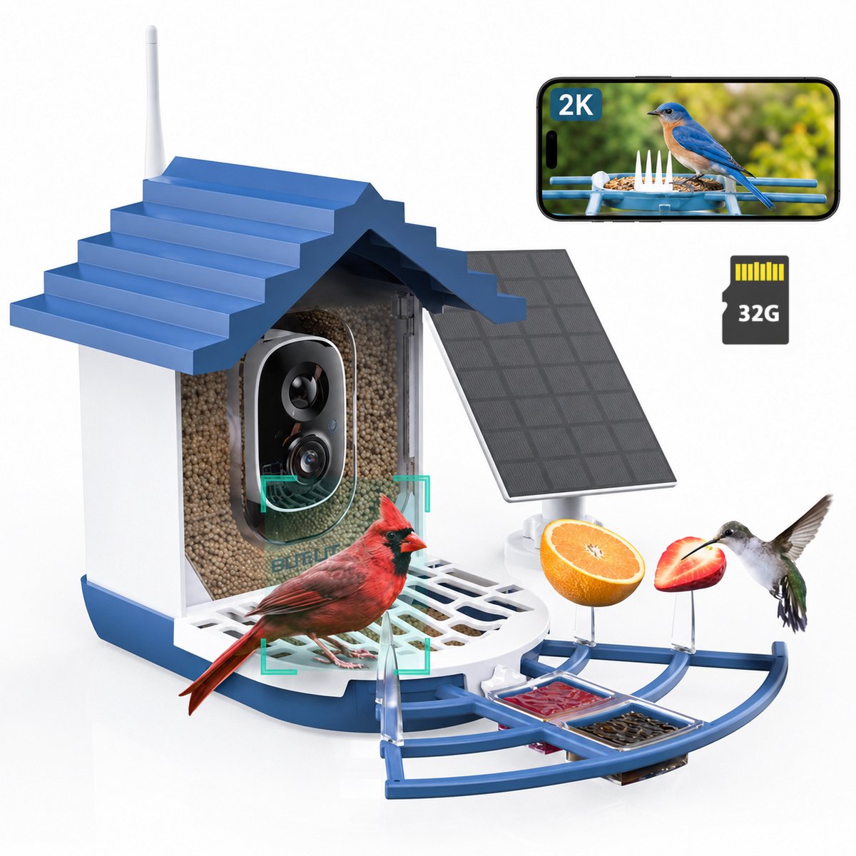Vogelvoederhuisje - Vogelhuisje met Camera - 2K HD Camera - AI vogelherkenning - Live Videostreaming en Meldingen - Met Zonnepanelen - mit 32G TF-Karte
