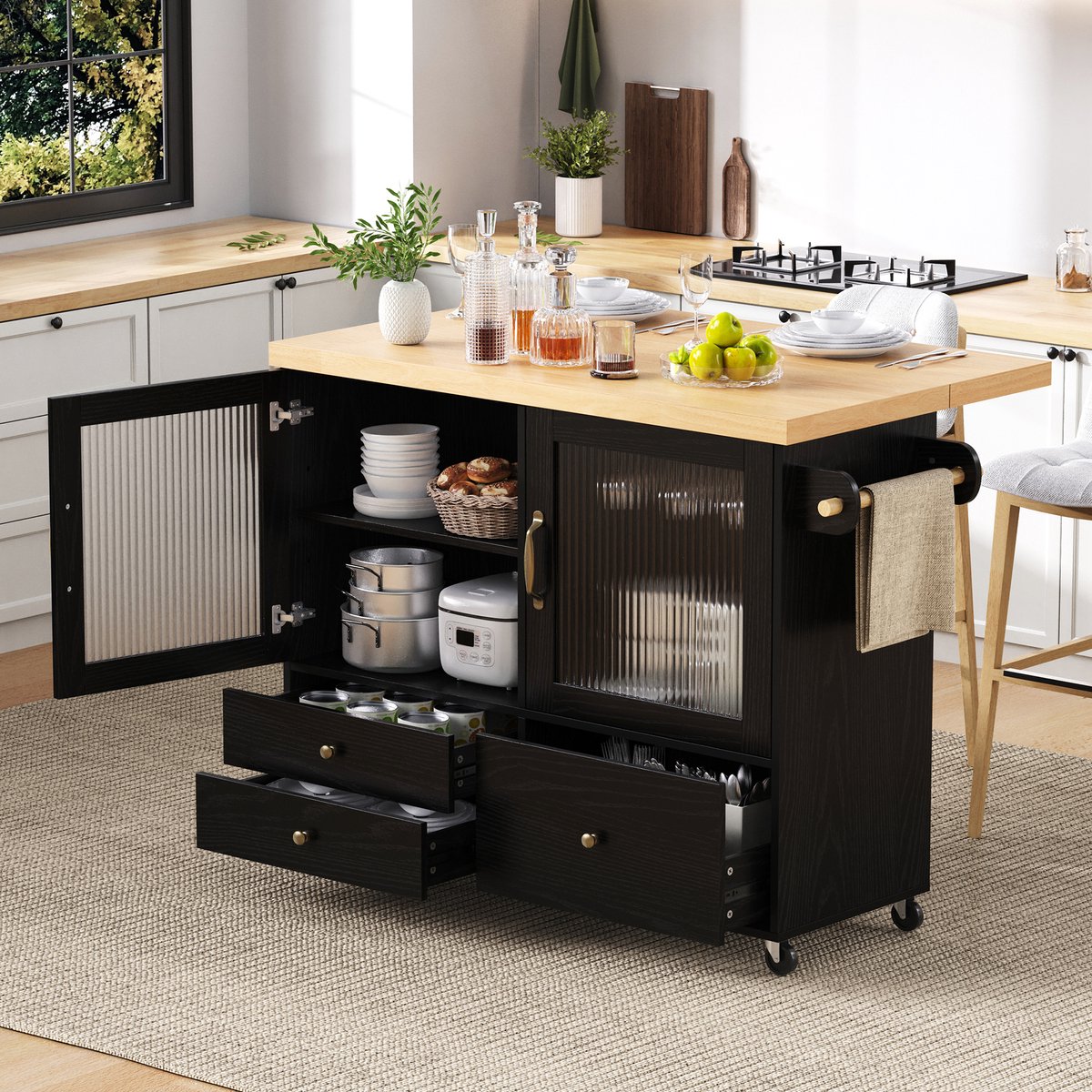 MODFU - Keukenkast - Keukenwagen Op Wielen - Uitschuifbare Eettafel - Zwart Natuurhout