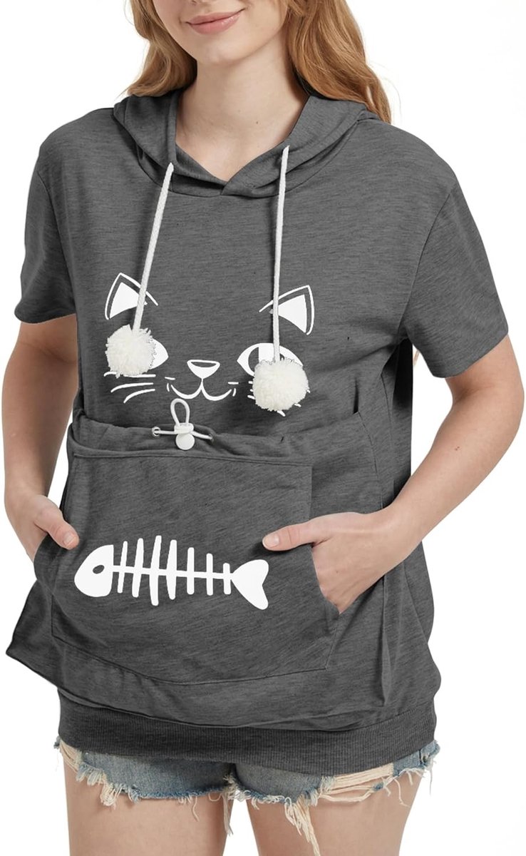 Schattige Dames Hoodie Korte Mouw, Casual Capuchontrui met Kattenzak, Ideaal voor de Zomer en Vrije Tijd