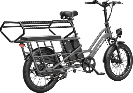 Grijze Fafrees cargo e-bike met grote achterdrager en voorkorf.