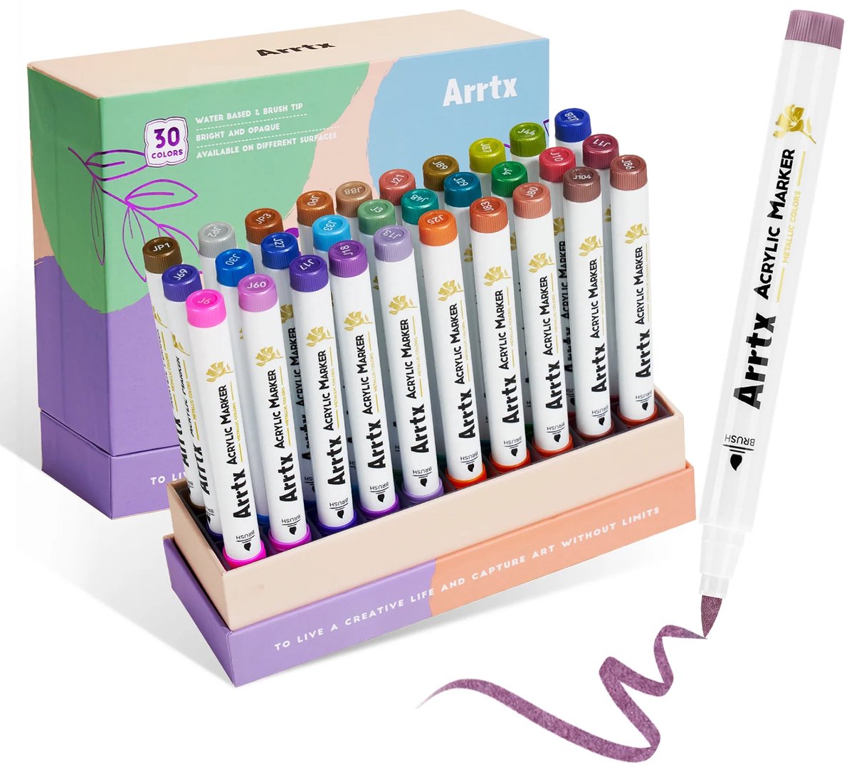 Arrtx - Acrylmarkers - 30F - Paint Brush Tip Markers - 30 Metallic kleuren