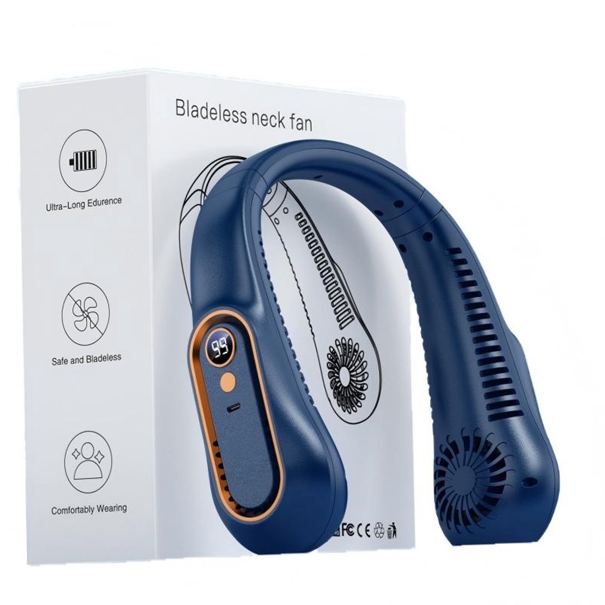 Nekventilator – Bladloze Ventilator – 5 Snelheden – LED-Display – USB Oplaadbaar – Handsfree Ventilator voor Reizen, Wandelen, Sport & Kantoor – Voor Dames & Heren – Blauw – 1 Stuk