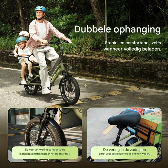 Man en twee kinderen op een groene elektrische bakfiets, met close-ups van de vering en banden.