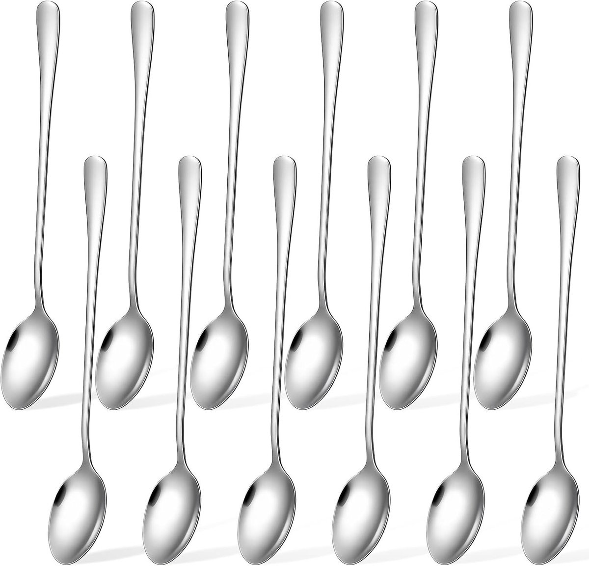 Set van 12 lange roestvrijstalen lepels voor latte macchiato, desserts, cocktails en milkshakes, ideaal voor ijskoffie en thee