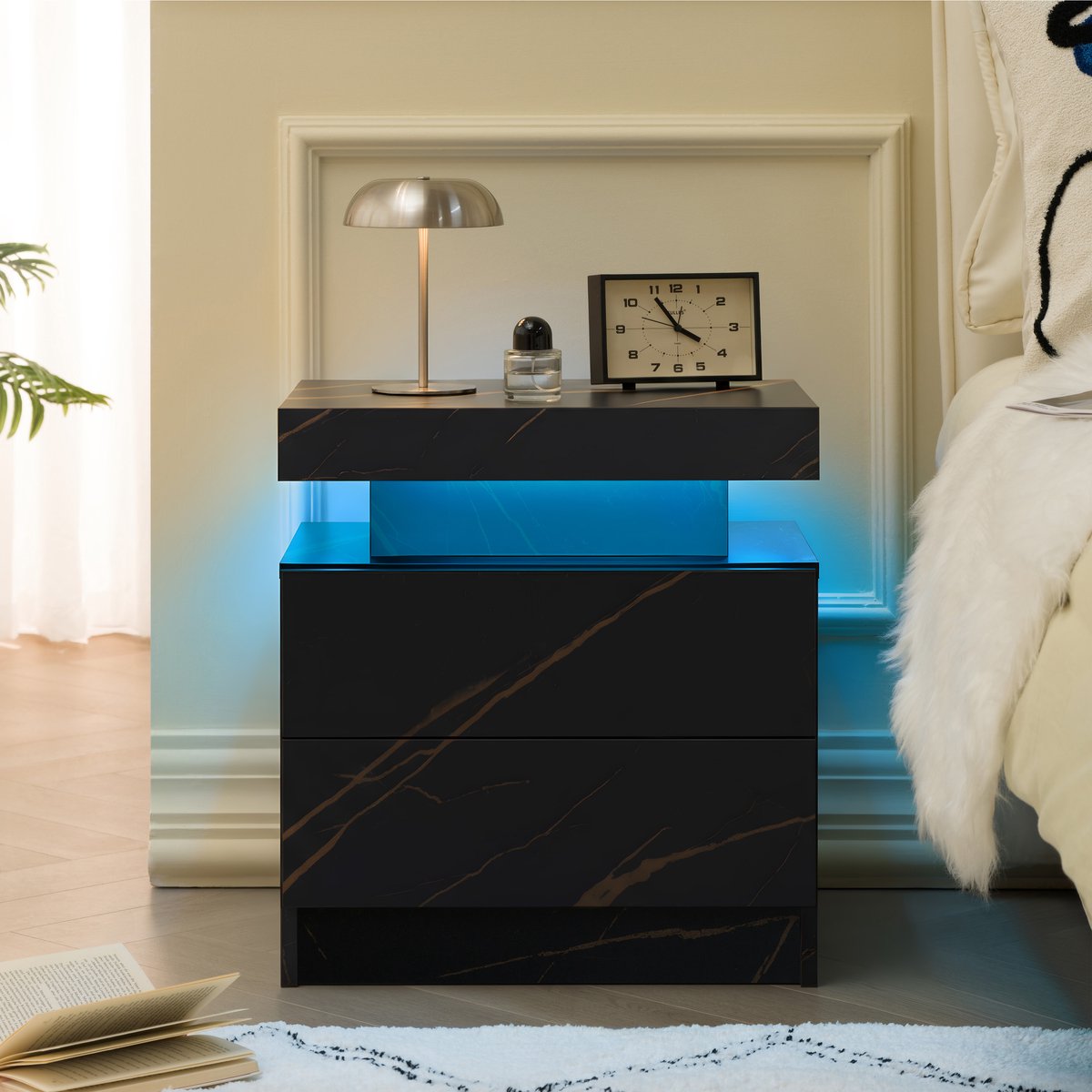MODFU - Nachtkastje - LED Verlichting - 2 Lades - Modern - Zwart Goud