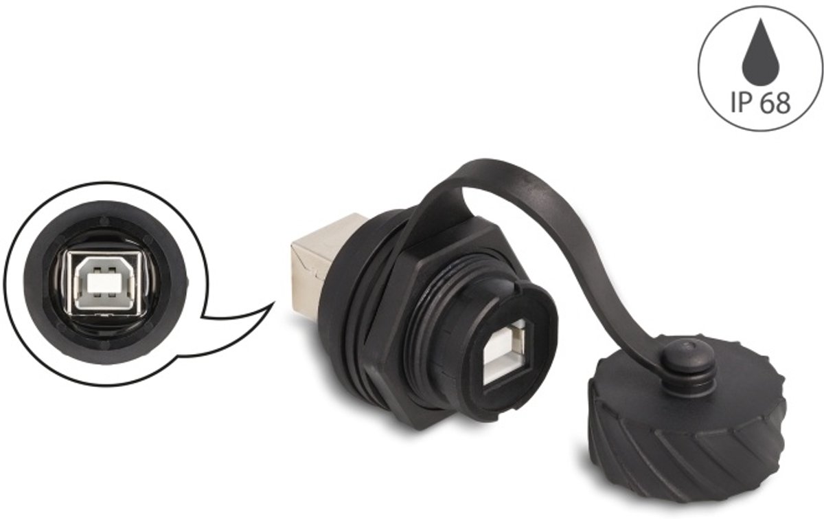 Delock Cable Connector USB 2.0 Type-B female to female for installation with bayonet protective cap IP68 dust- and waterproof black