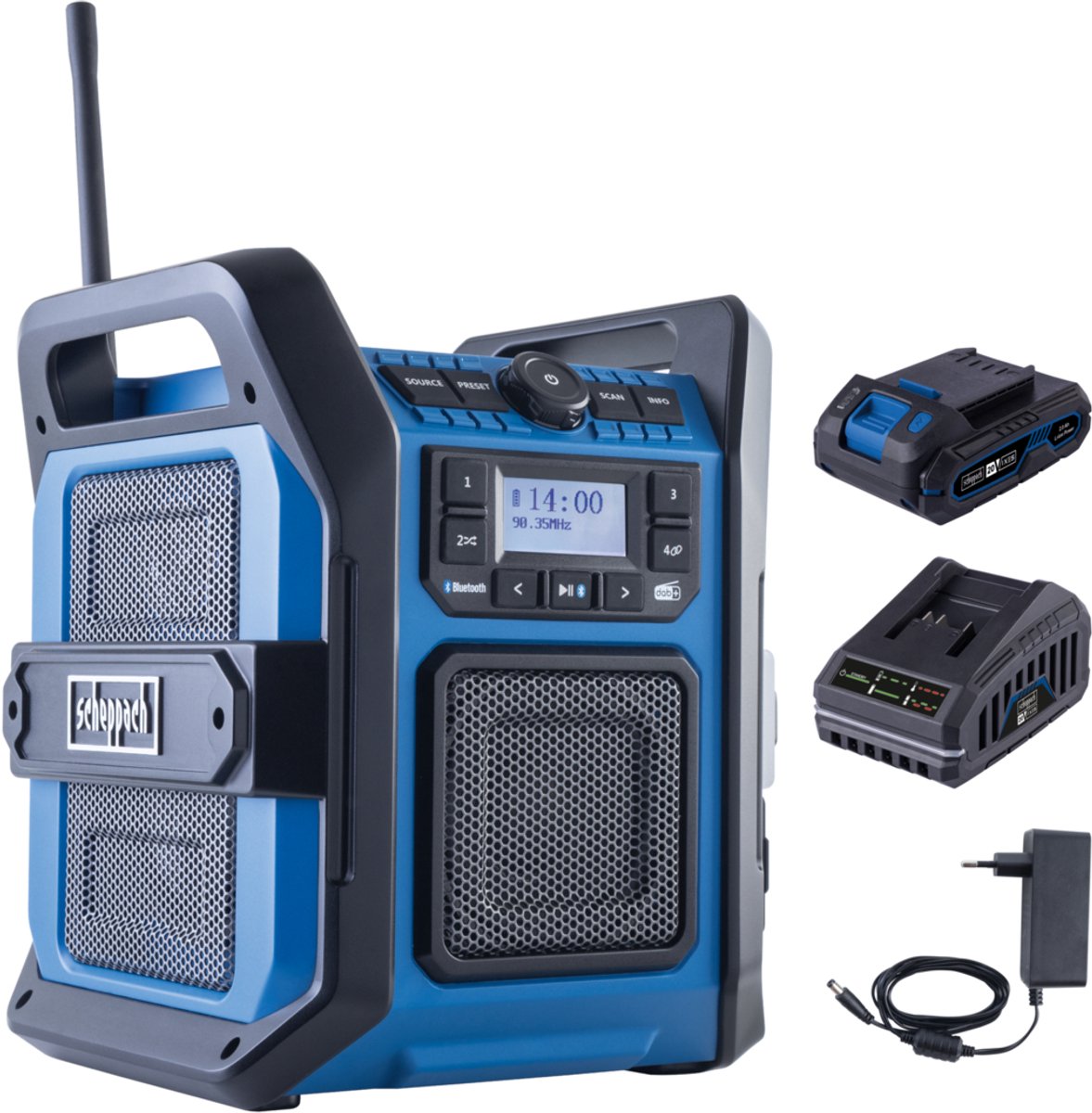 Scheppach Accu Bouwradio 20V C-DAB30-X - Set S - DAB+, DAB en FM - 30 W stereo - Inclusief 20V 2.0 Ah accu en 2.4 A oplader