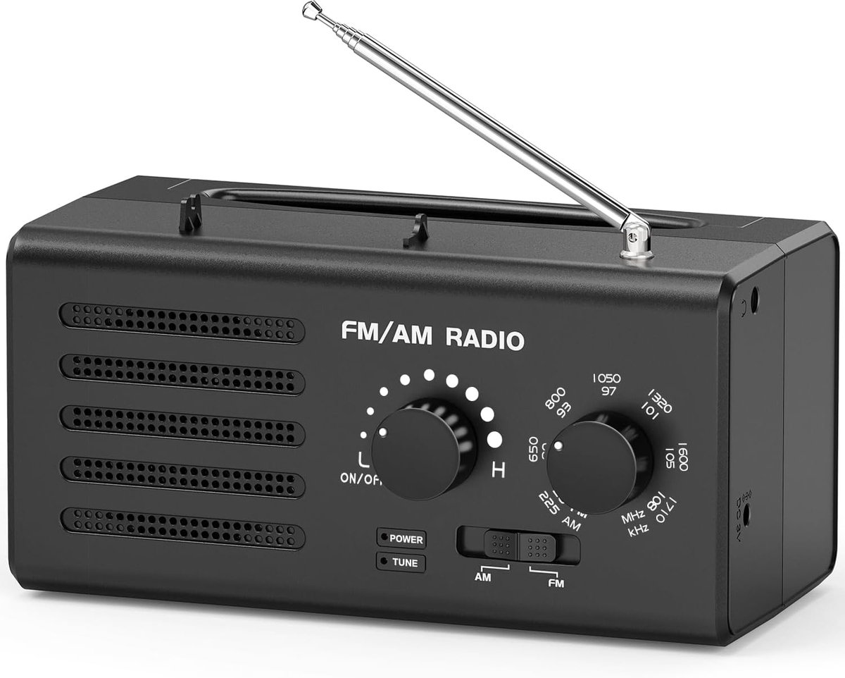 Draagbare AM/FM-radio met uitstekende ontvangst – ingebouwde luidspreker, koptelefoonaansluiting en USB. Batterijgevoed – ideaal voor thuis, buiten en noodsituaties (zwart).L