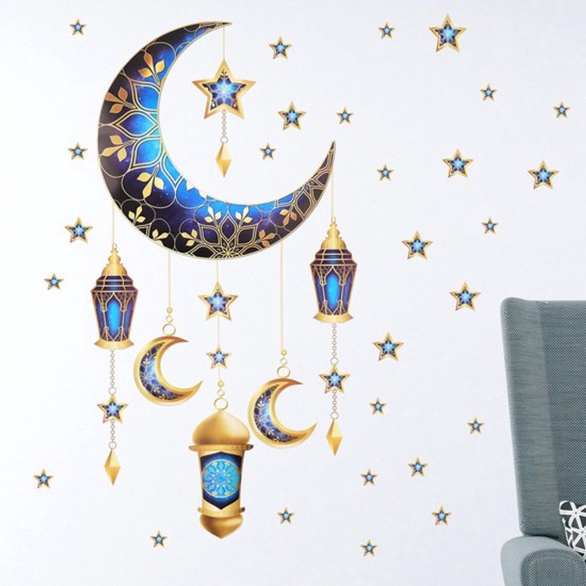 Ramadan Muursticker, 40x60cm Eid Mubarak Muurstickers Eid Muurdecoratie met Maan Ster Fanous Lantaarns Patronen Islamitische Eid Decoraties voor Muur Raam Glas Deur