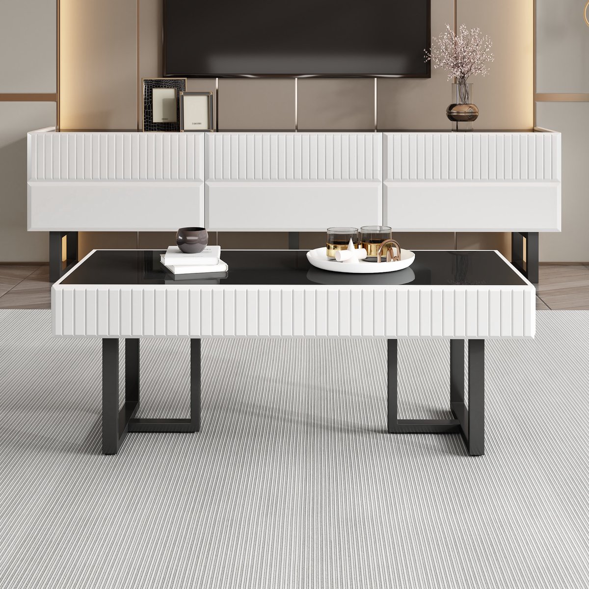 MODFU - Tv Meubel En Salontafel Set - Zwart Wit - Hoogglans - Opbergruimte - MDF