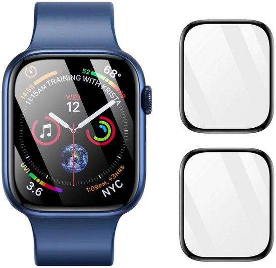 Blauwe Apple Watch met een kleurendisplay en twee vierkante screenprotectors ernaast.