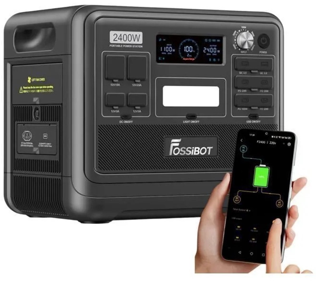 FOSSiBOT F2400 Zwart Draagbare Powerstation | 2048Wh LiFePO4 2400W (4800W Piek) Energiecentrale, UPS Functie, BrightEMS App Voor Kamperen, Camper & Thuis Noodstroom