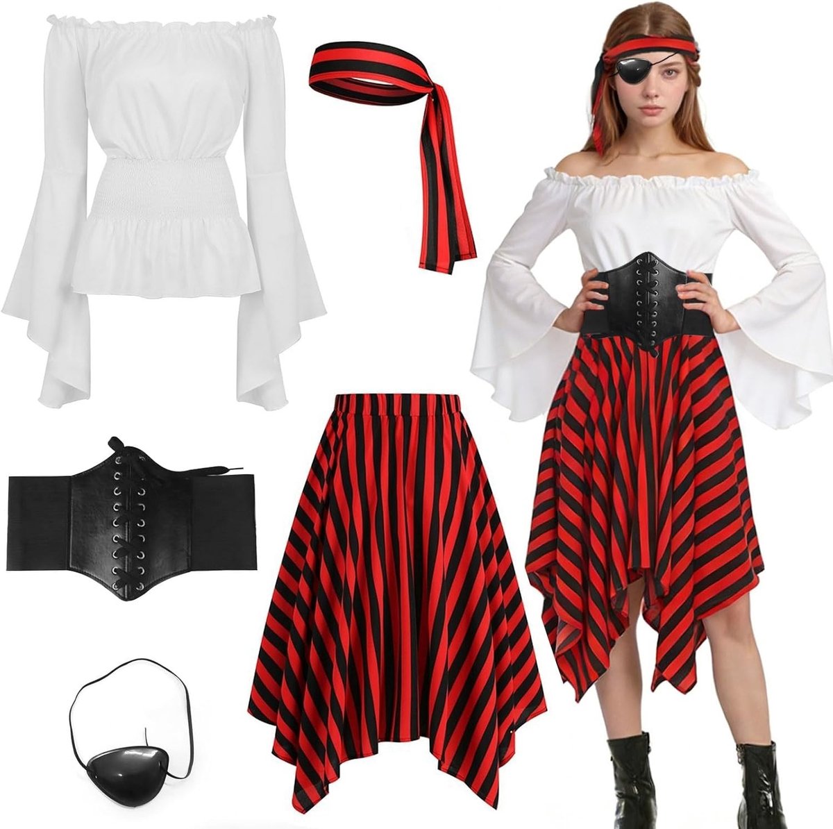 Piratenkostuum voor Dames - Middeleeuwse Piratenjurk Set met Top, Rok, Hoofddoek, Riem en Oogmasker voor Halloween en Carnaval Cosplay