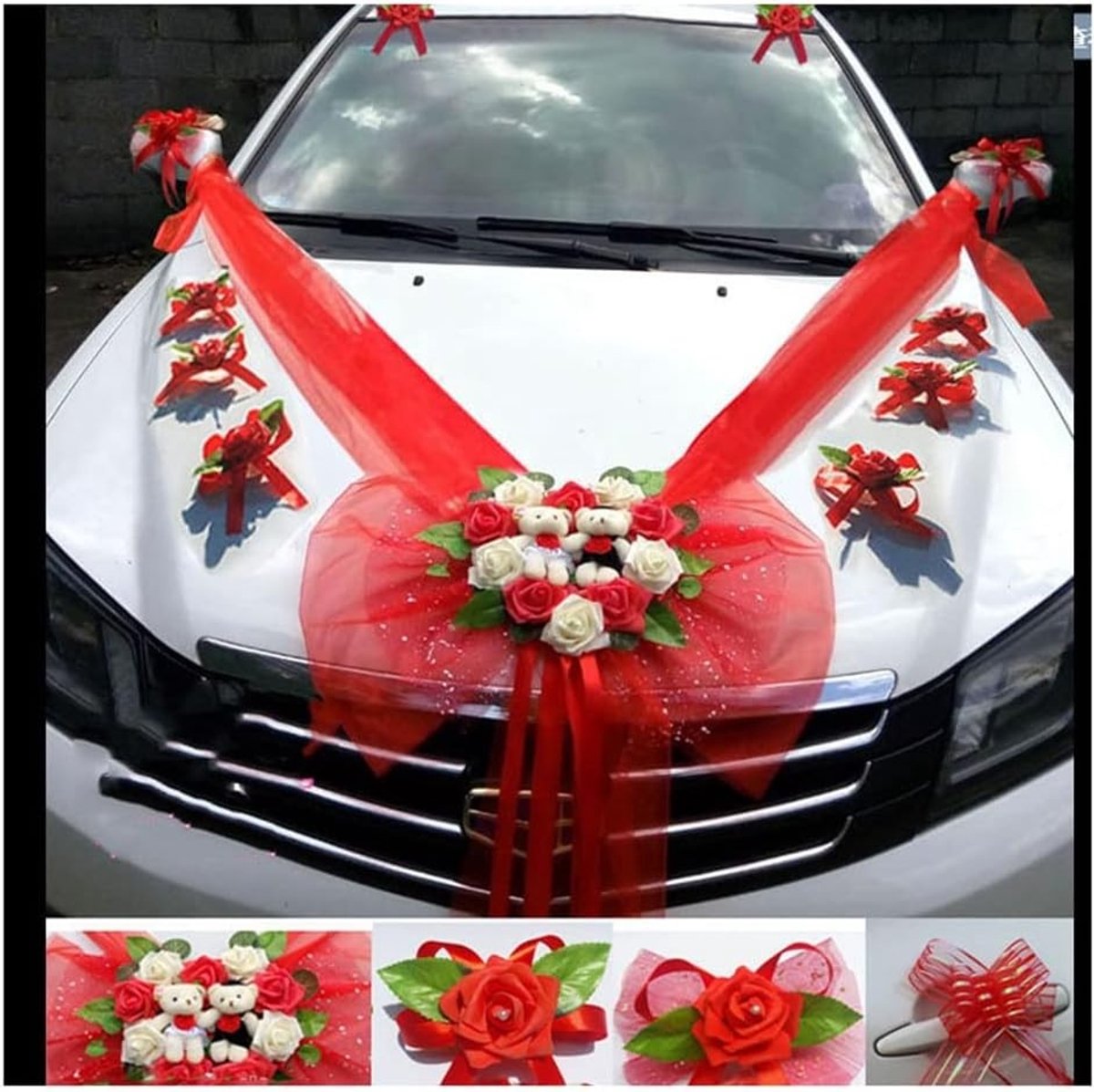 Elegante Organza Strik Versiering voor Bruidsauto - Tulle Boog Decoratie, Bloemversiering en Deurgreep Ornament voor Bruiloft en Feestelijkheden