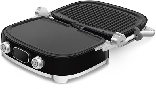 Zwarte contactgrill met open deksel, gladde en grillplaat zichtbaar.