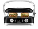 Zwarte contactgrill met twee hamburgers, open bovenplaat met grillpatroon.