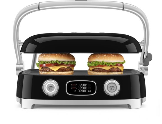 Zwarte contactgrill met twee hamburgers, open bovenplaat met grillpatroon.