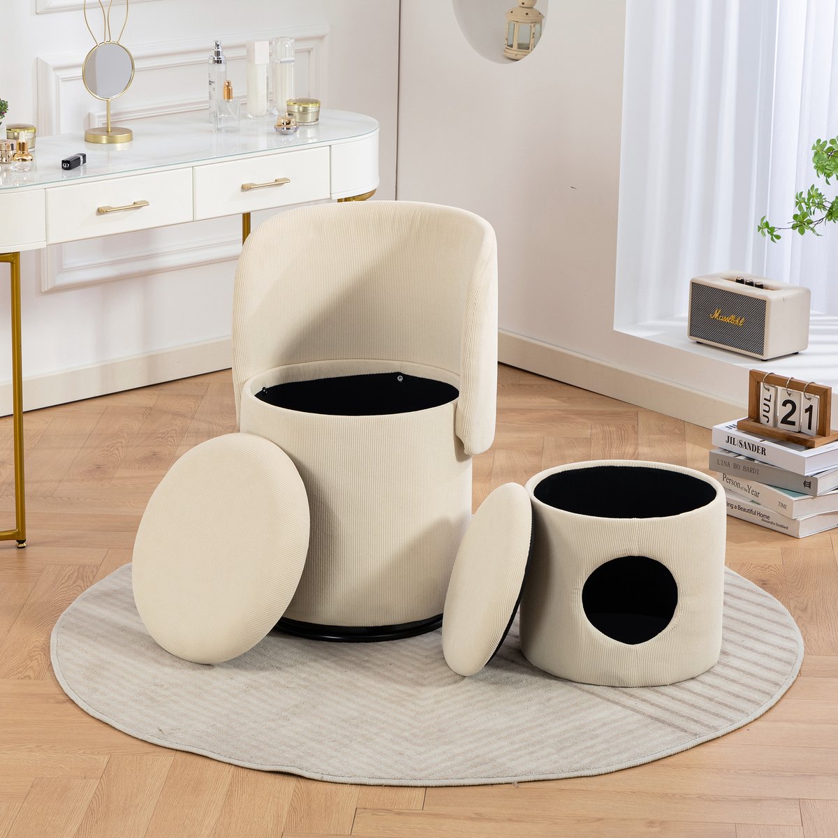 DESMIU Eetkamerstoel - 42 x 42 x 75 cm - Kuipstoel Met 360° Draaifunctie En Opbergruimte - Voor Eetkamer En Slaapkamer - Ribstof Beige