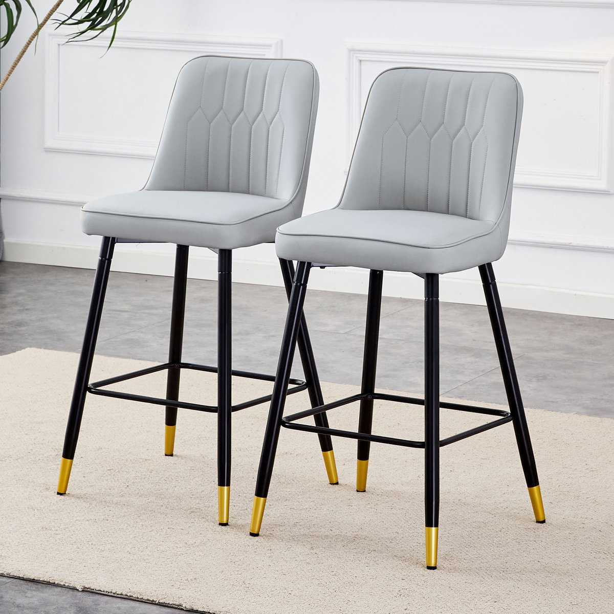 DESMIU Barkruk - Set Van 2 - 100 Cm Hoog Met Rugleuning En Voetsteun - Voor Bar En Keukeneiland - Kunstleer En Metaal - Lichtgrijs Zwart