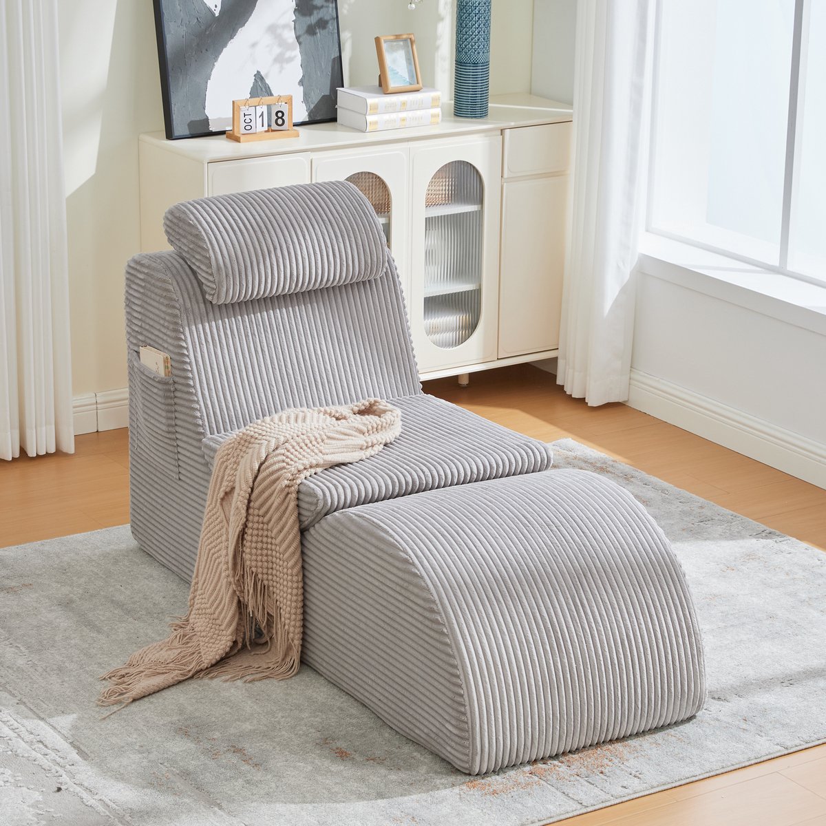 DESMIU Fauteuil 160 x 66 x 90 cm - Ergonomisch Met Afneembaar Zitkussen En Zijvak - Voor Woonkamer En Leeshoek - Corduroy Lichtgrijs