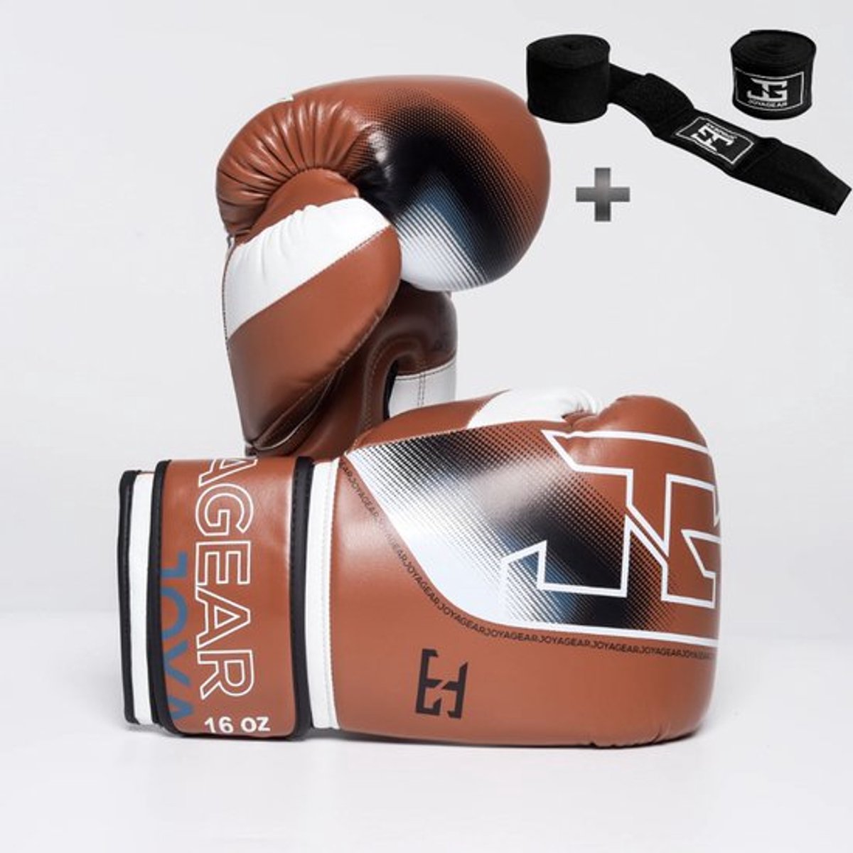 Joyagear Evolution Pro Bokshandschoenen – Bruin/Wit – 16 oz – Professionele Kickboks & Bokshandschoenen – Dames & Heren – Inclusief Bandage