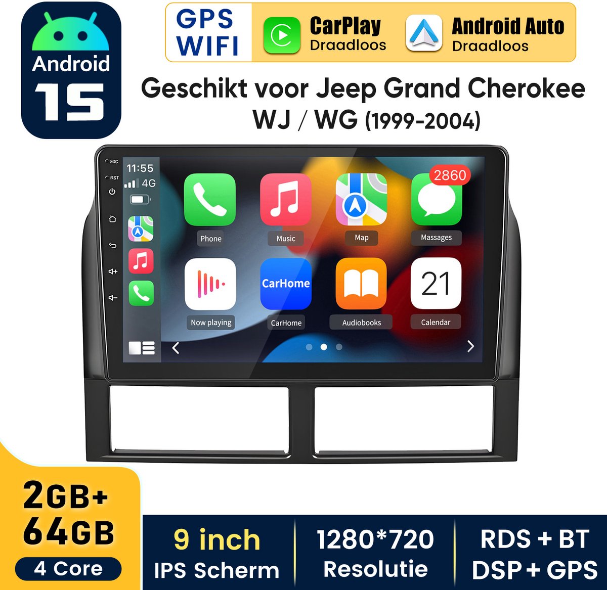 Hexinex Autoradio Geschikt Voor Jeep Grand Cherokee WJ / WG (1999- 2004) - Draadloos CarPlay, Android Auto, GPS Navi, multimediaspeler - 2GB+64GB