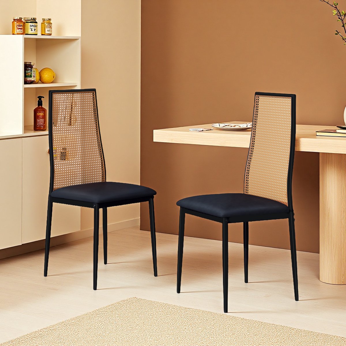 Eetkamerstoelenset (2 stuks), rotan gestoffeerde stoelen, fauteuils, metalen frame, vintage stijl, geschikt voor eetkamer en woonkamer, zwart