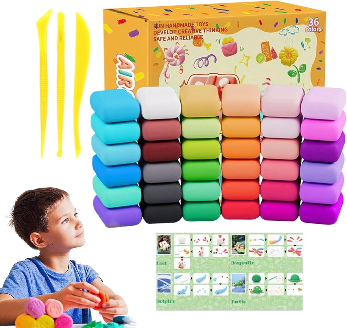 Air Dry Clay, luchtdrogende klei, 36 stuks ultralichte modelleerklei met 3 boetseergereedschappen, doe-het-zelf creatieve magische klei, niet-giftig, beste cadeaus voor kinderen