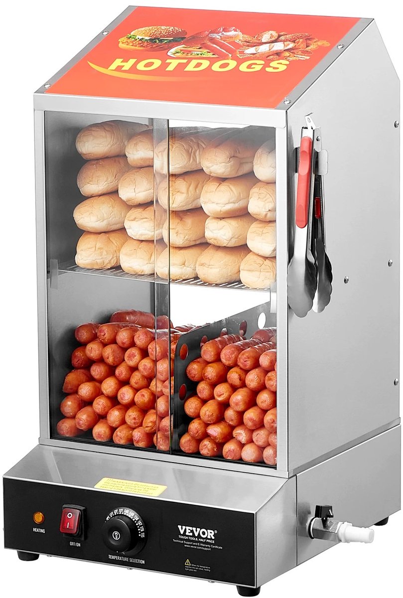 Velori Hotdog Stomer 37L - Hotdog Warmer - Broodjeswarmer - Commerciële Stoomkast - RVS Warmhoudvitrine - Temperatuurregelaar 30-85°C - 1200W