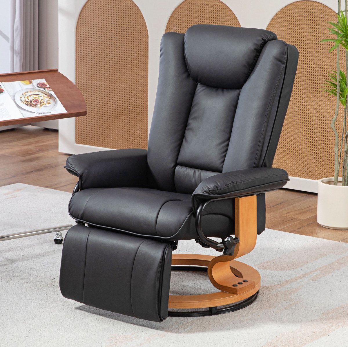 FloraGrace Relaxfauteuil Draaibaar Handmatig Met Ligfunctie En Voetsteun 150 Kg Voor Woonkamer En Tv Kamer Kunstleer Zwart