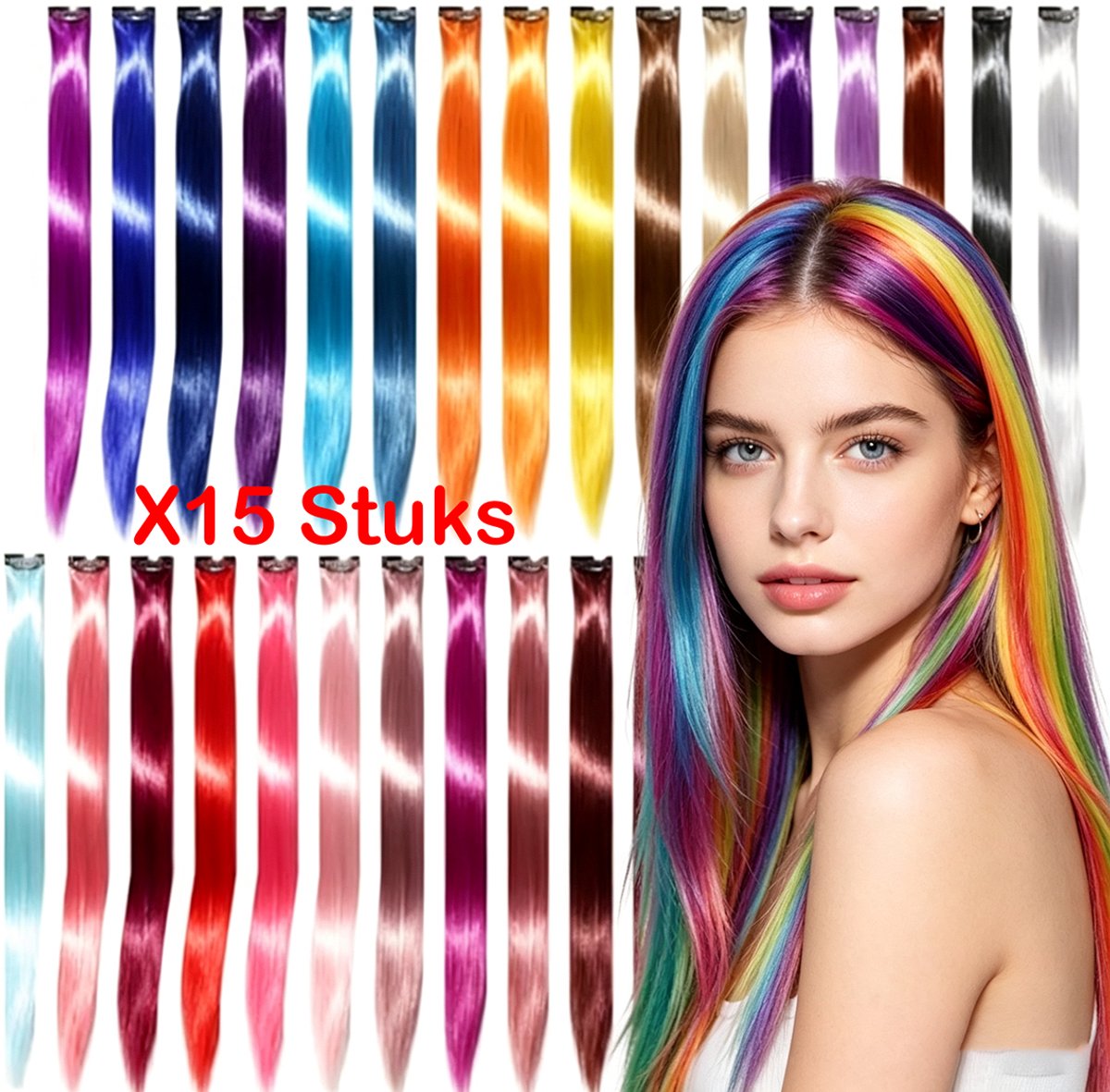 Regenboogkleurige synthetisch steile clip-on haarextensies Learnlogic set met 15 stuks van 50 cm veelzijdig meisjescadeau voor kinderen ideaal voor cosplay verkleedfeesten verjaardagen en alle feestdagen