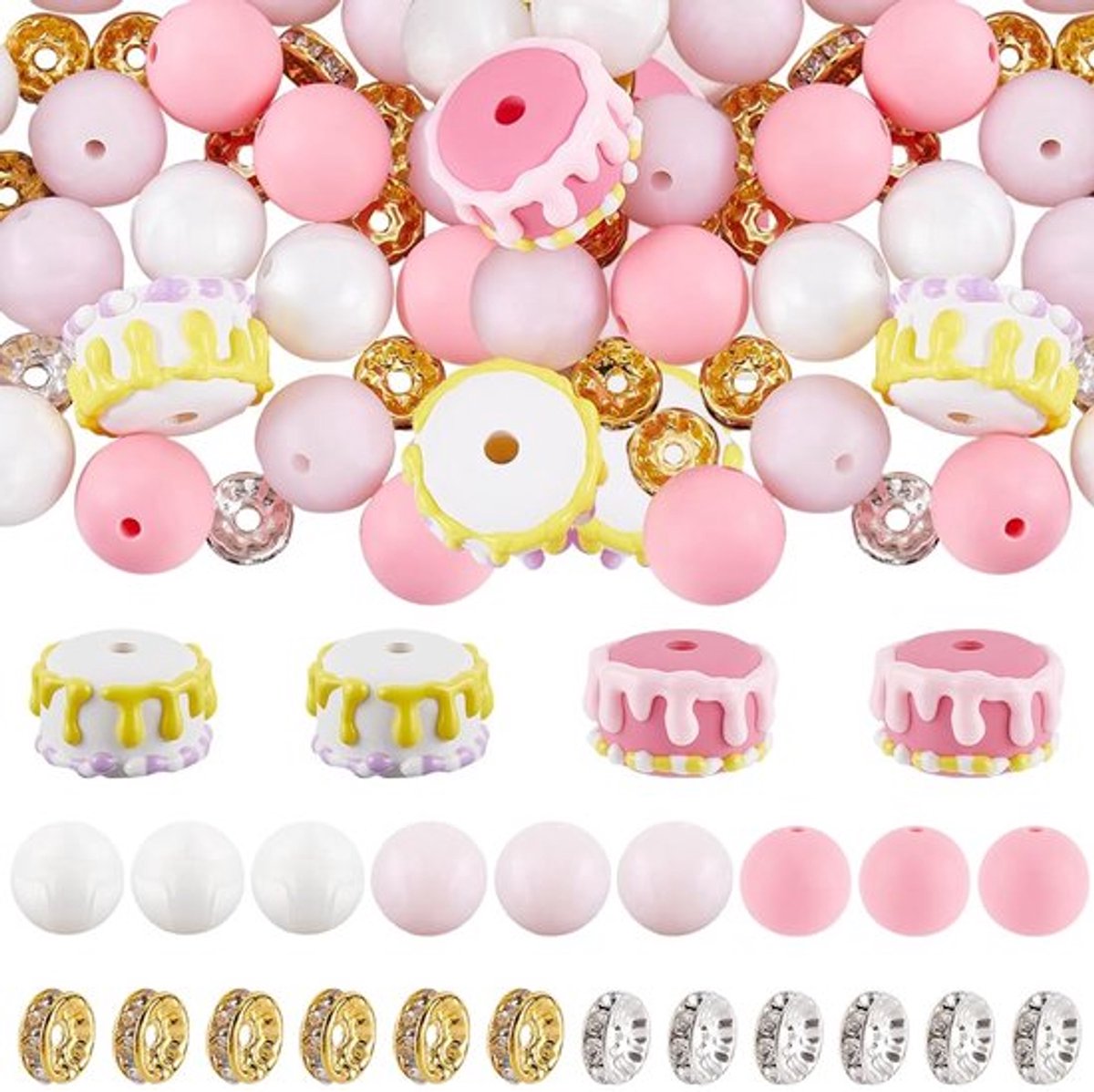 74 Stuks Cake Vorm Beads - 7 Stijlen - Siliconen - Roze en Geel