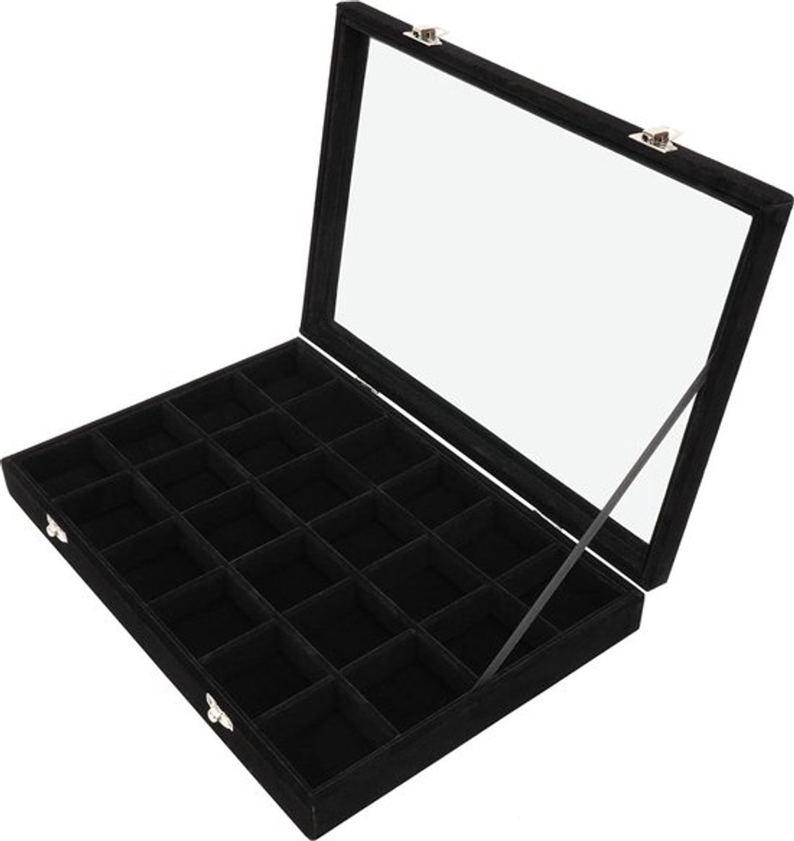 Velours Sieraden Organizer Display Case - 24 Secties - Zwart - Glazen Deksel - Stapelbaar - Opslag Rasters - Ringen Kettingen Armbanden Oorbellen Horloges