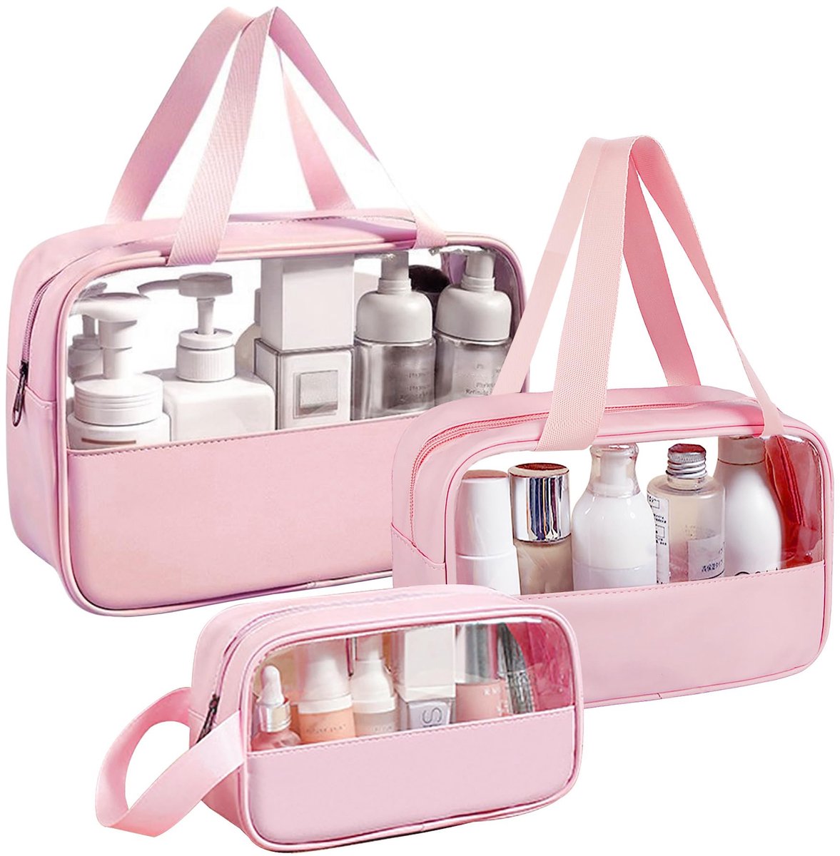 Make-up Tas Dames 3-Delige Set Roze – Transparante Cosmeticatas Set – Waterdichte Toilettas – Grote, Middelgrote en Kleine Reis Organizer – PVC Opbergtassen voor Cosmetica & Toiletartikelen