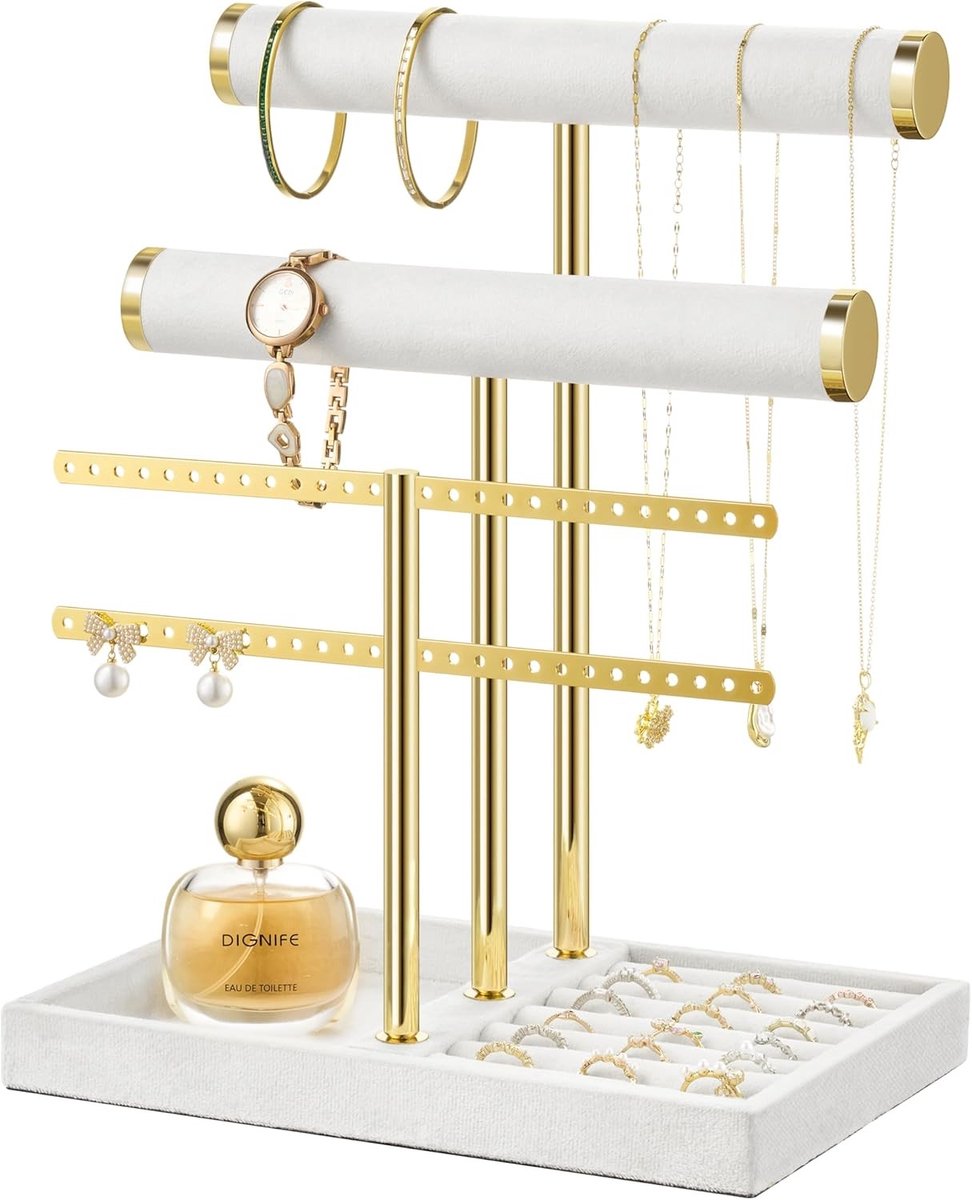 Grote Witte Sieraden Organizer met 3 Niveaus, Verwijderbare T-Bridge, Ideaal voor Armbanden, Kettingen, Horloges en Ringen