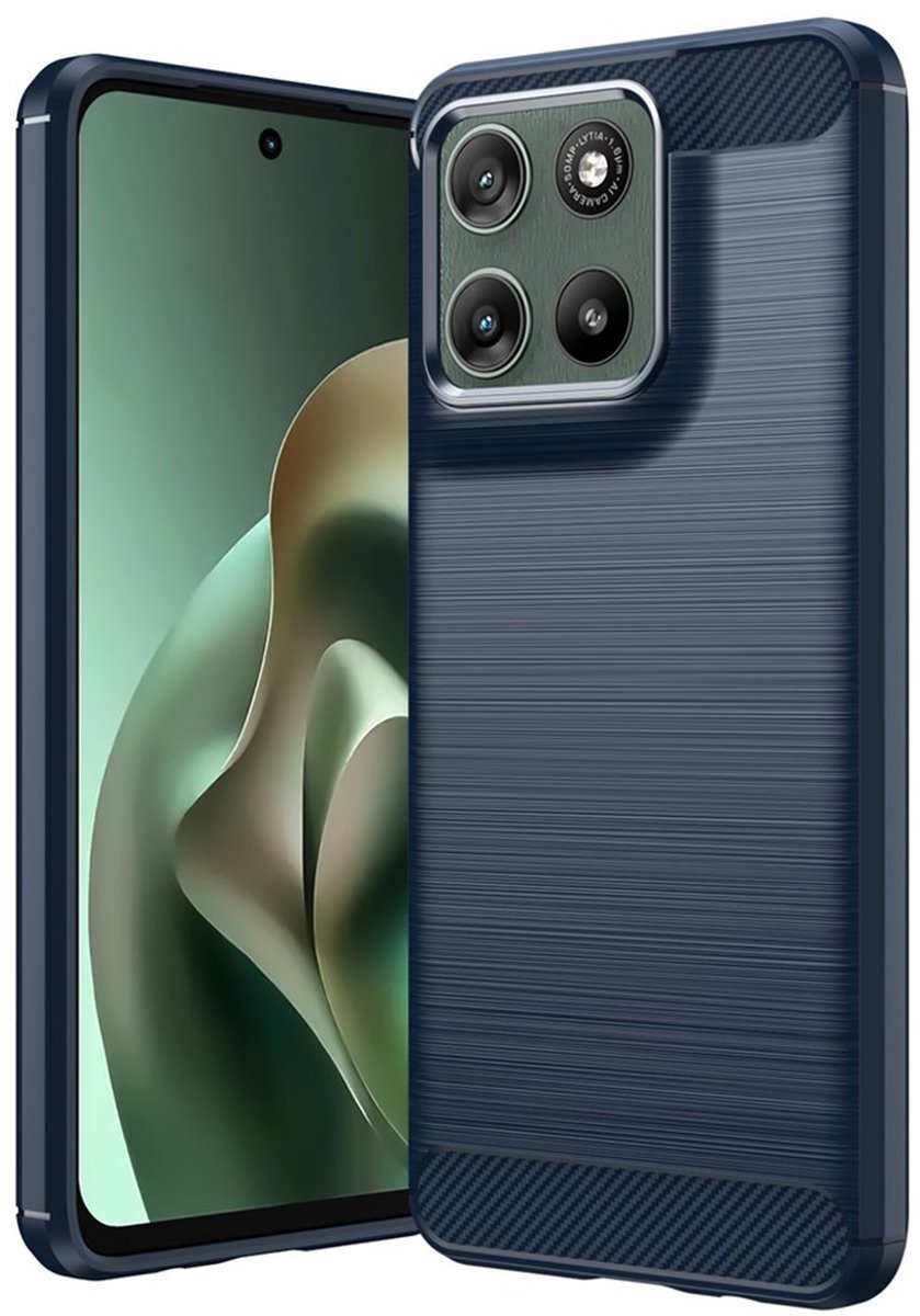 MobyDefend Hoesje - Geschikt voor Motorola Moto G37 Power - TPU Backcover - Geborstelde Metaal & Carbon-Look - Blauw